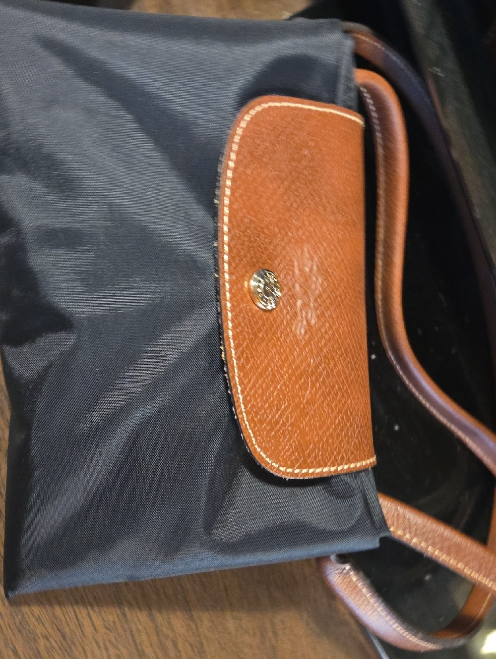Longchamp Black Nylon Crossbody Bag with Brown Leather Trim